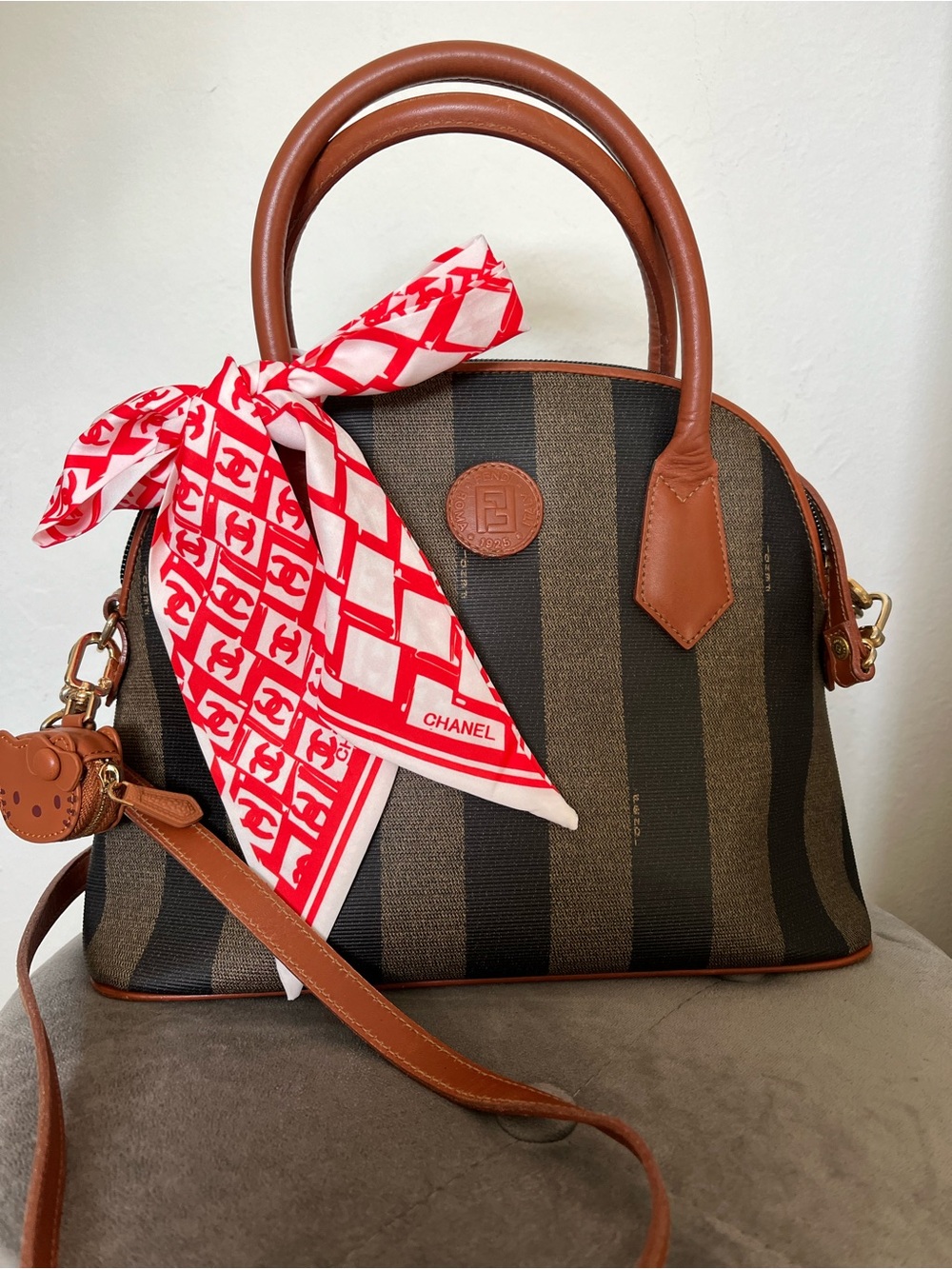 FENDI Pecan 2-Way Shoulder Bag Vintage Handbag khaki Italy PVC